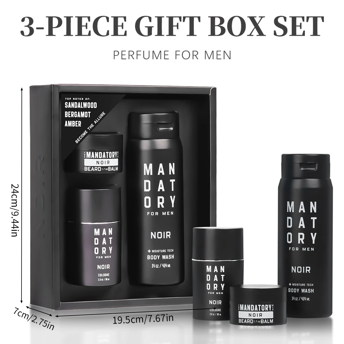 MANDATORY Men's Fragrance Set Gifts 2.0 Oz Eau de Toillete Cologne Spray Body Wash 14 Oz Shower Gel 1.7 Beard Balm 3pcs Gift