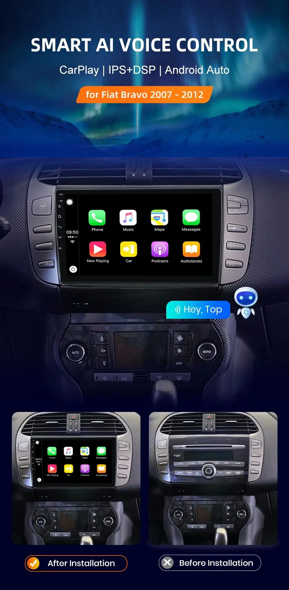 Für Fiat Bravo 2007-2012 Drahtlose CarPlay Apple Android Auto Auto Radio GPS RDS WiFi BT 4G 8 Core multimedia Stereo – Detail 2