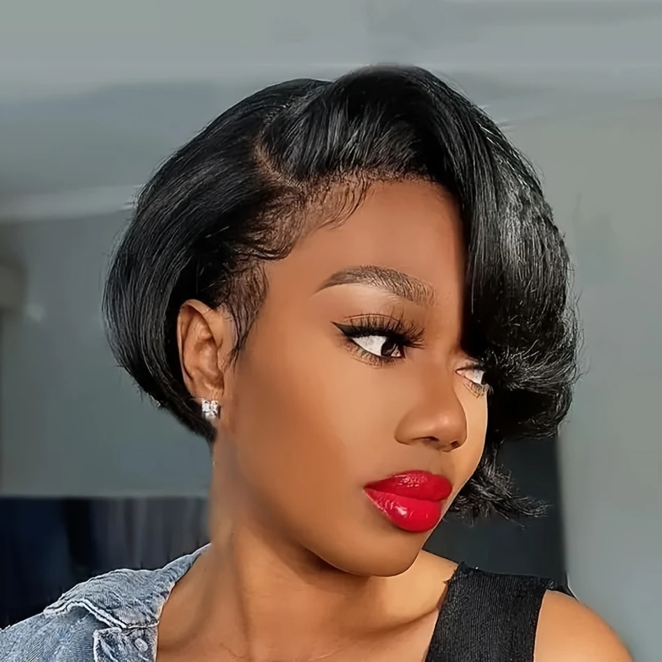 Pixie Cut Human Hair Wig T-Part Lace Frontal 13x4x1, Transparent Lace Natural Black Short Wig for Women