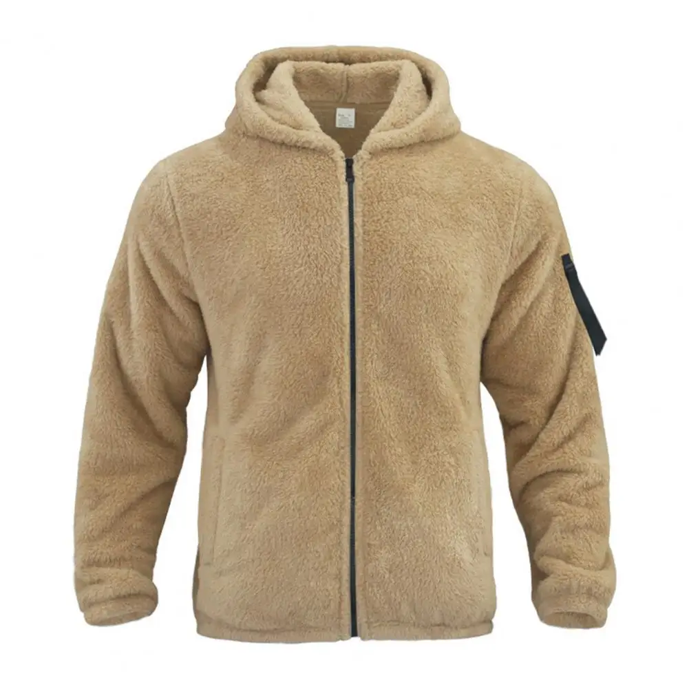 

Cold Weather Jacket Cozy Hooded Men's Winter Coat Thick Plush Zipper Closure Soft Pockets Warm Cold Resistant Mid Length Jacket