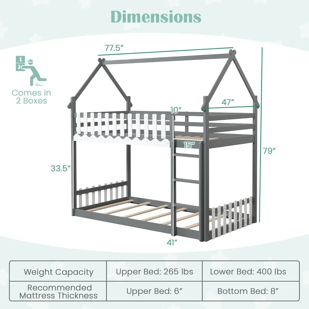 Children Beds, Bunk Bed Twin Over Twin, Wood House Low Bunk Bed with Ladder & Fence Safety Guardrail, Space-Saving 2