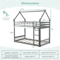 Children Beds, Bunk Bed Twin Over Twin, Wood House Low Bunk Bed with Ladder & Fence Safety Guardrail, Space-Saving 2