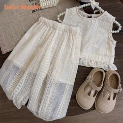 Bear Leader Girls Summer Clothing Sets Casual Hollow Lace T-shirt + Pants 2pcs Suit Strap Cardigan Vest Girls Clothes Outfits