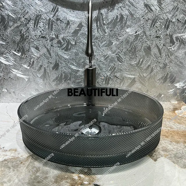 อ่างล้างหน้าคริสตัลแก้วใสสีชมพู B567 อ่างล้างหน้าดีไซน์หรูหราสไตล์ศิลปะ อ่างล้างหน้าทรงรีแบบมีตะแกรงแน่นสำหรับใช้ในบ้าน 3