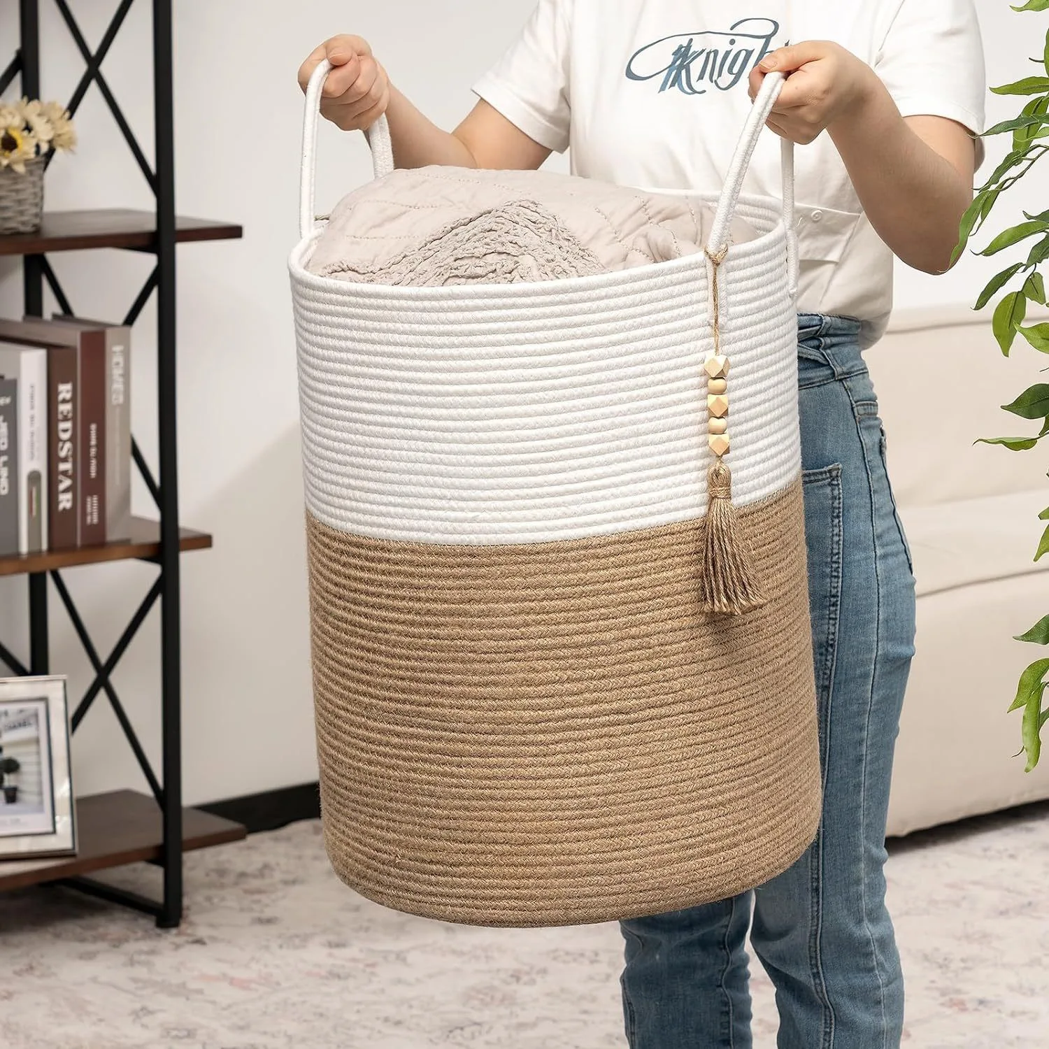 

Large Round Blanket Basket, Woven Nursery Cotton Rope Baskets for Storage, Living Room, Toy Organizing with Handle 45x50cm
