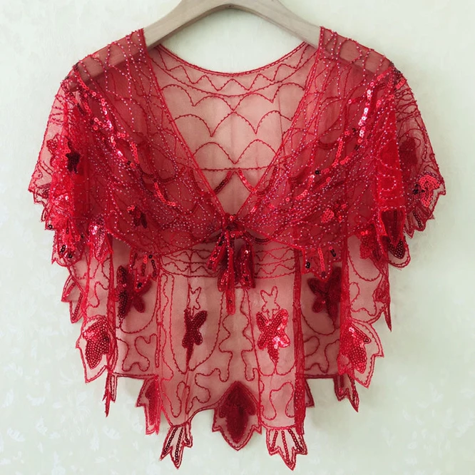 

European American Shawl Sequin Small Coat Women's Shawl Outside Summer Short Hand Tied Gauze Thin Style Girls Red