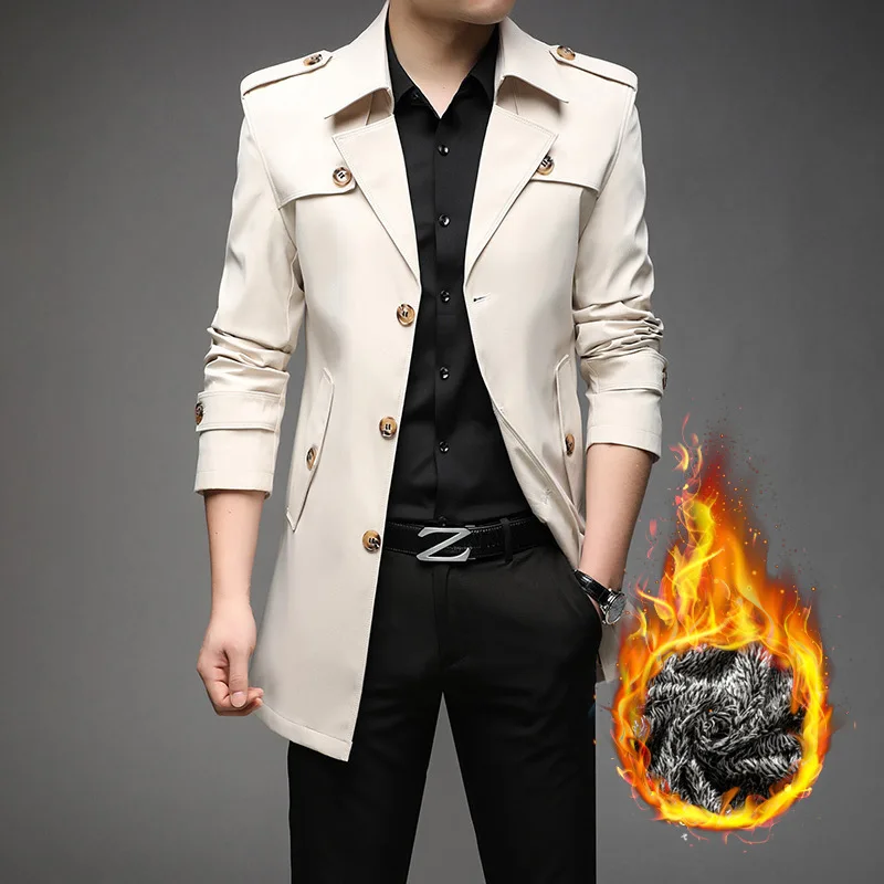 Men Autumn Winter Classic Plush Trench Windbreaker Coat Solid Business Casual Long Jacket Outerwear