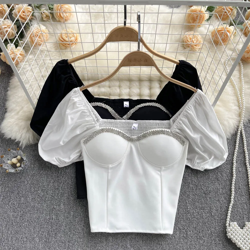 

French Clavicle Bubble Short Sleeve Top Slim Fit Thin Versatile Short Temperament Shirt Women