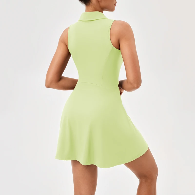 Women Tennis Skirt 2in1 Lapel Collar Sleeveless Dress and Shorts with Pockets White Green Golf Tennis Badminton Dress