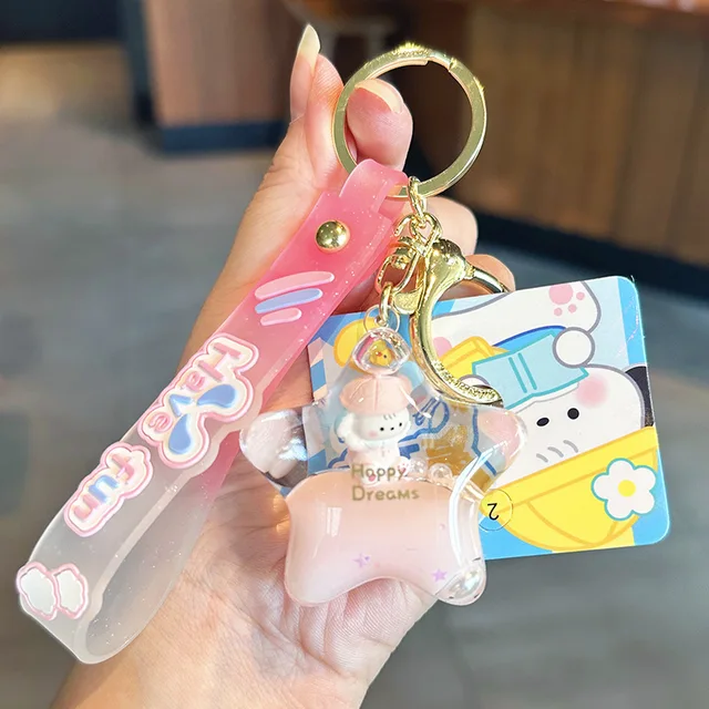 창의적인 플로팅 액체 오각형 키체인, 동물 모양의 만화 아크릴 퀵샌드 강아지 인형