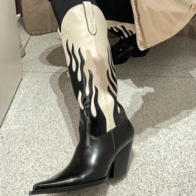 

Pointed Toe Black And White Flame Print Knee High Boots Block Heels Slip-On Cowboy Cowgirl Vintage Classic Women Casual Shoes