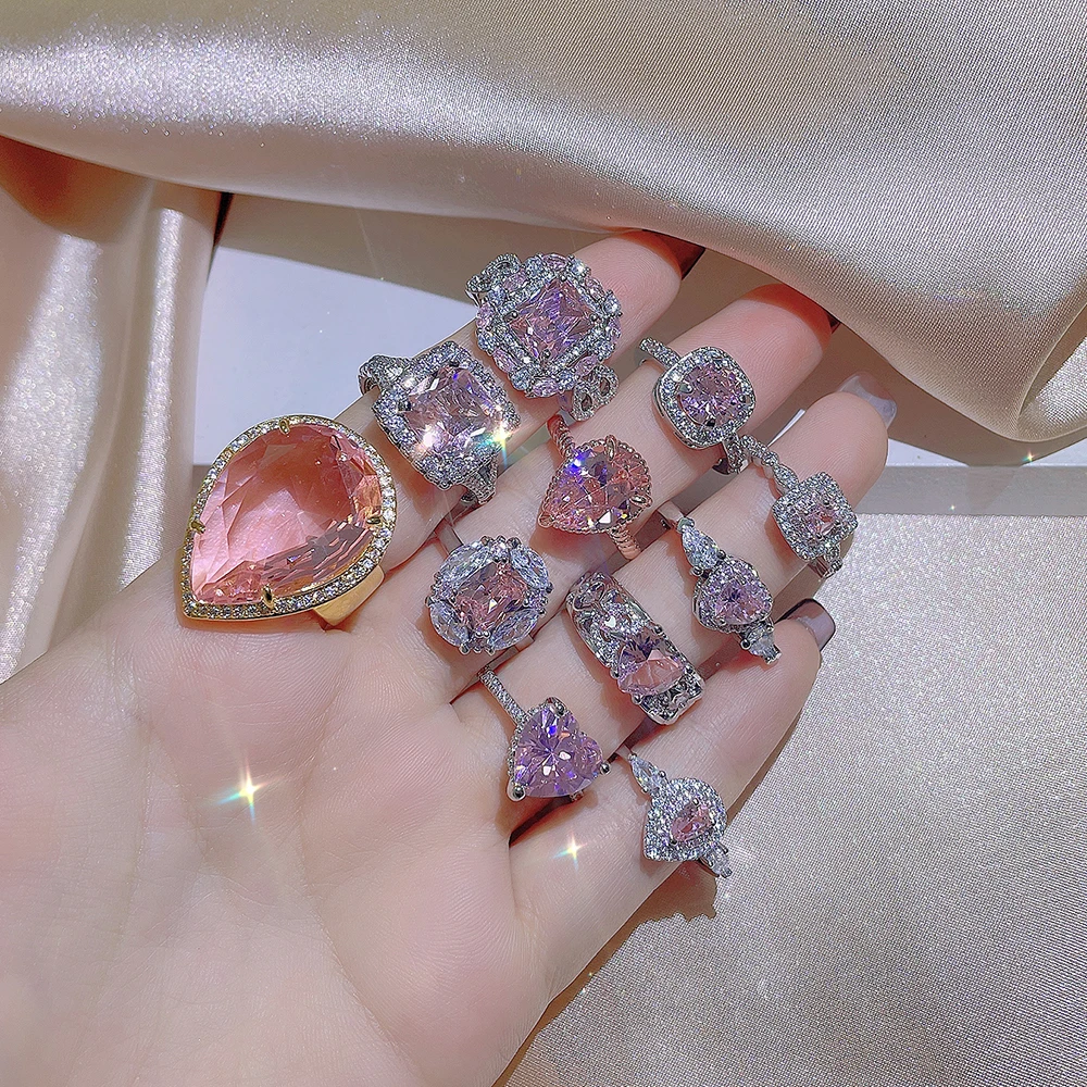 2024 NEW Classic 925 Silver Inlaid Zircon Engagement Ring Pink Crystal Women Shiny Zircon Jewelry Heart-shaped Pink Women's Ring 2