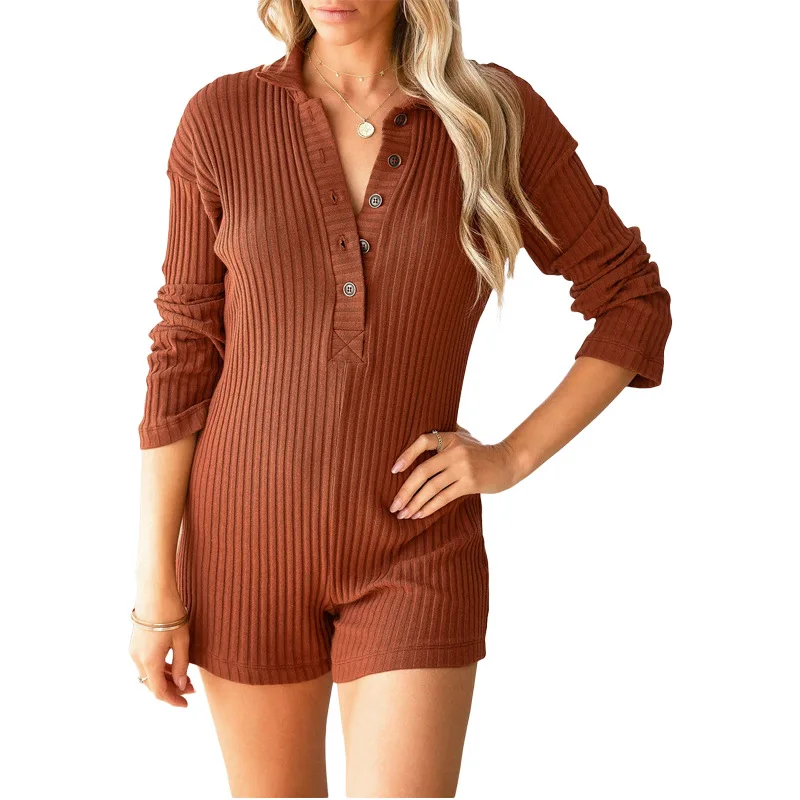 Jumpsuits for Women 2023 Autumn and Winter Solid Color Pit-striped Buttons Lapel Slim Long-sleeved Home Casual Fashion Jumpsuit