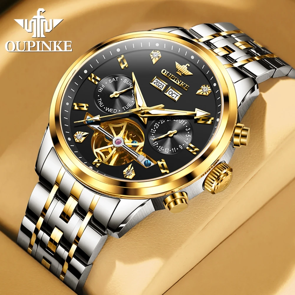 OUPINKE Top Men's Watches High Quality Multifunctional Waterproof Automatic Mechanical Watch Hollow Out Precision Steel Strap
