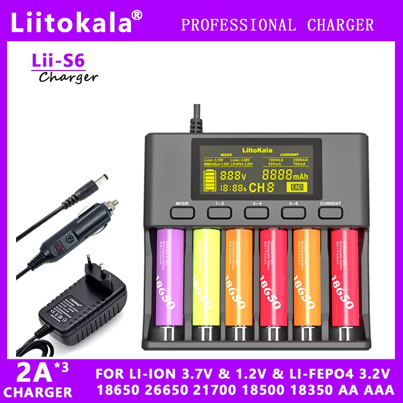 

LiitoKala Lii-S6 3.2V 3.7V 18650 Battery Charger 6-Slot Auto-Polarity Detect 26650 21700 18500 14500 20700 AA AAA Batteries
