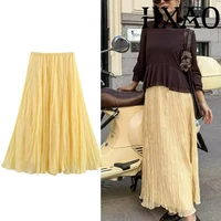 HXAO Pleated Long Skirt Woman Spring Summer Elegant Women's Skirts Fairy Tulle Midi Skirt High Waist Ruffled Yellow Skirt 088