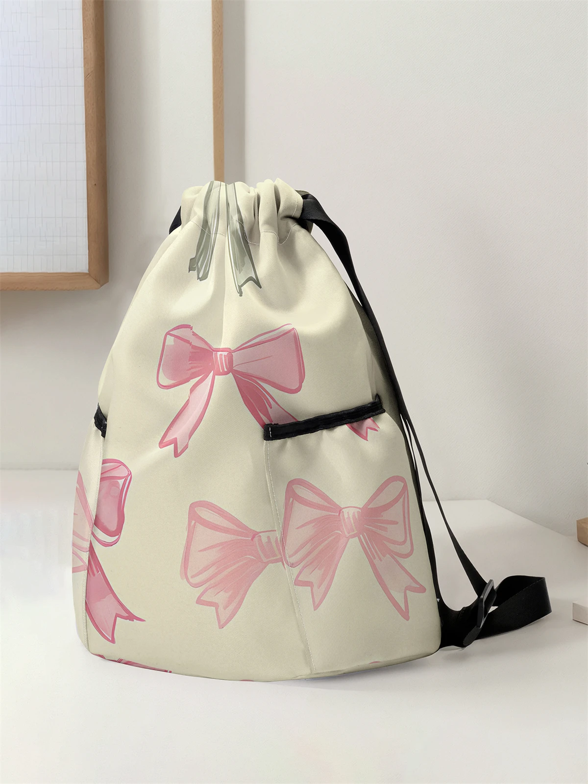 Bow Pattern Printed Drawstring Backpack - Large Capacity Durable Fitness Bag, Sports Beach Backpack