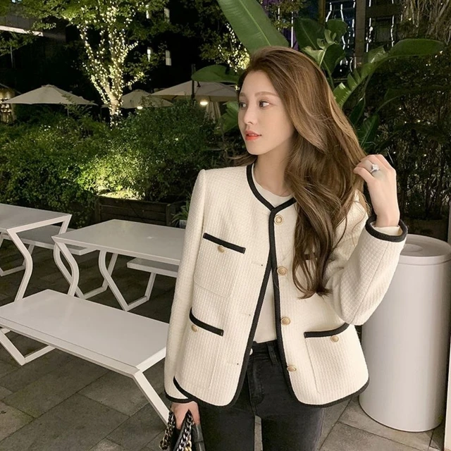 Chaqueta de Tweed blanca coreana para mujer, abrigos de exterior, traje vintage, recortado a rayas Kawaii, cuello redondo, informal - AliExpress Mobile