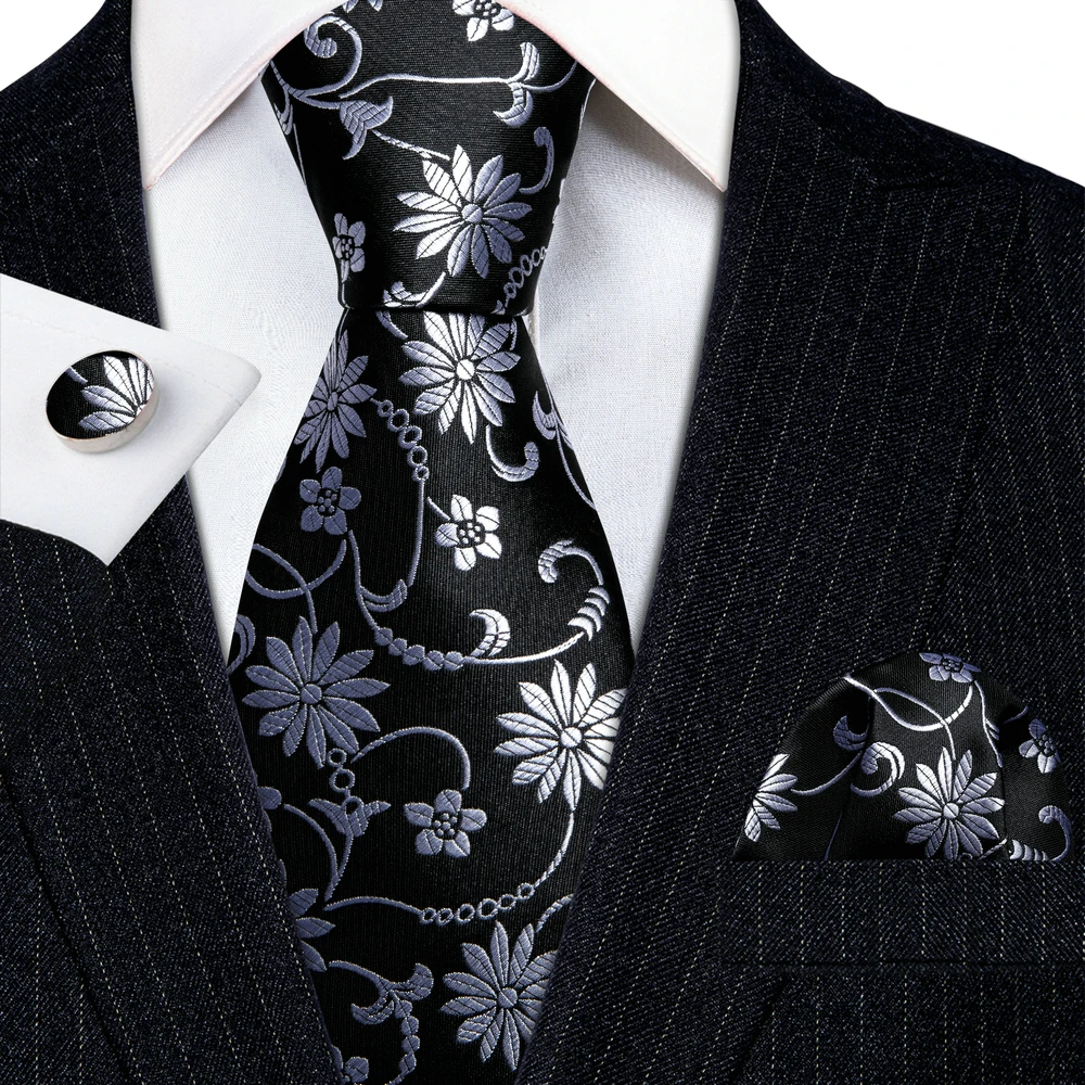 

Free Shipping Ties for Men Black Silver Floral Silk Neck Tie Pocket Square Cufflinks Set Wedding Barry·Wang Tie Clip Brooch 5950