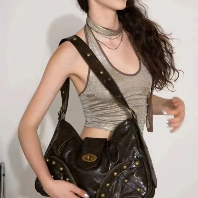 JIAERDI Hot Girl Studded Black Tote Bag Women Pleated Textured Leather Shoulder Bags Ladies Retro Y2k Aesthetics Crossbody Bag