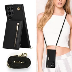 Versatile Zipper Wallet Crossbody Lanyard Case with Card Slots and Kickstand for Samsung S25 (Black)