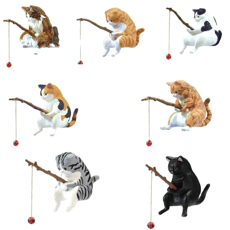 Ornament Crafts Fish Landscaping Fishing Cat Mini Resin Figurine Cartoon Cat Statue for Home Office Aquarium Decoration