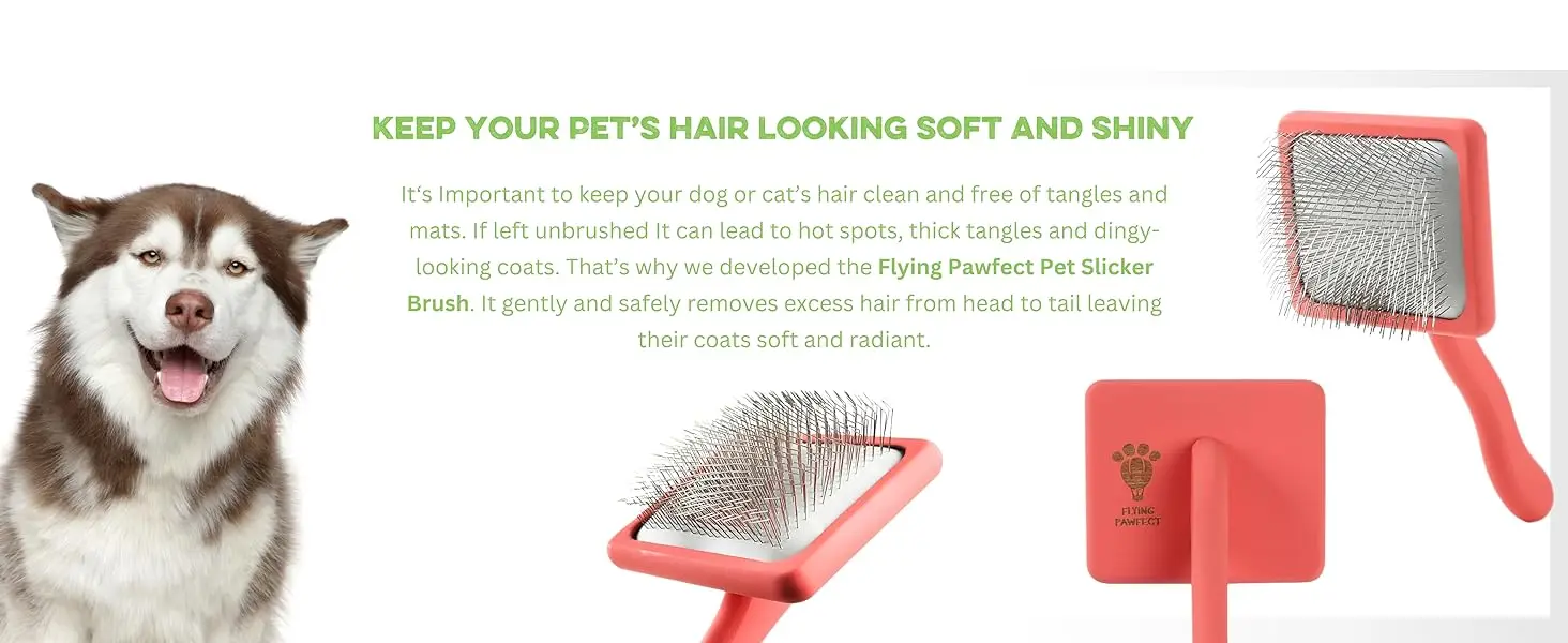 Flying Pawfect Pet Slicker Brush keeps your pets hair looking shiny and soft