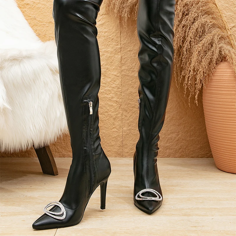 Women Boots Rhinestone Pointy Toe Punk Stiletto High Heels Over The Knee Long Boots Autumn Winter Zip Black Sexy Party Shoes