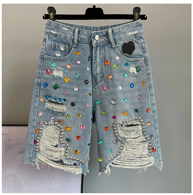 

Women Bead Diamond Hollow Out Denim Shorts 2023 Summer New Fashion Tide Female High Waist Streetwear Short Pants