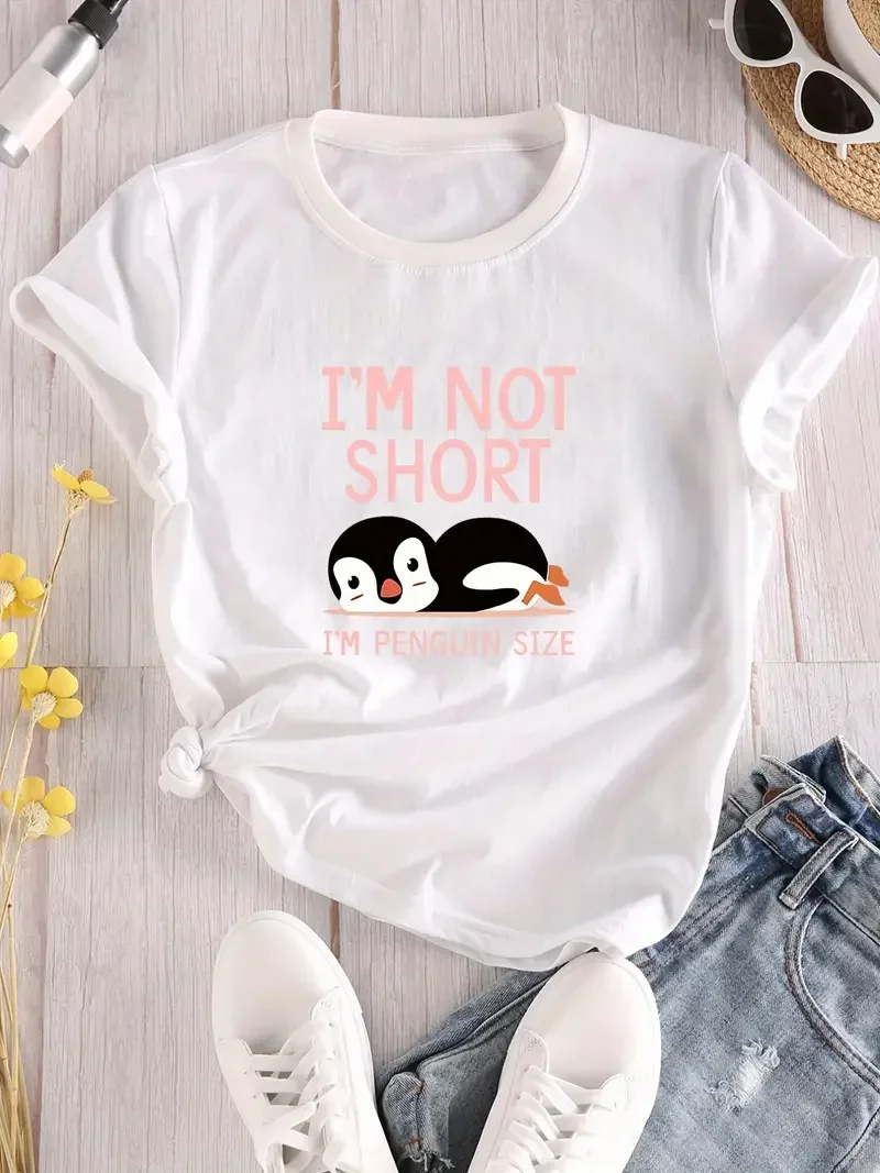 Im Not Short Im Penguin Size Letter & Animals Print T-Shir Crew Neck Short Sleeve T-Shirt Casual Every Day Tops Shirts For Women 5