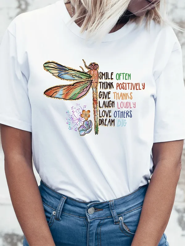 

Colorful Watercolor Painting of Dragonflies Funny Print Women T-shirt Smile Think Give Laugh Love Dream Slogan Lover Female Tee