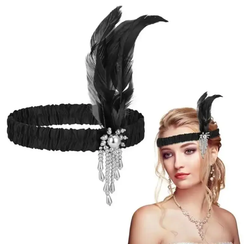 Women's Black Hair Accessories Beaded Hair Band 1920s Retro Gatsby Single Party Ladies Headwear Dress UP Feather Headband