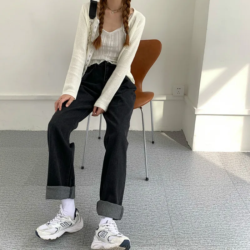 2023 Spring New Casual Long Trousers Korean Style Vintage Wide Legs Straight Jeans Women Black High Waist Oversized Denim Pants