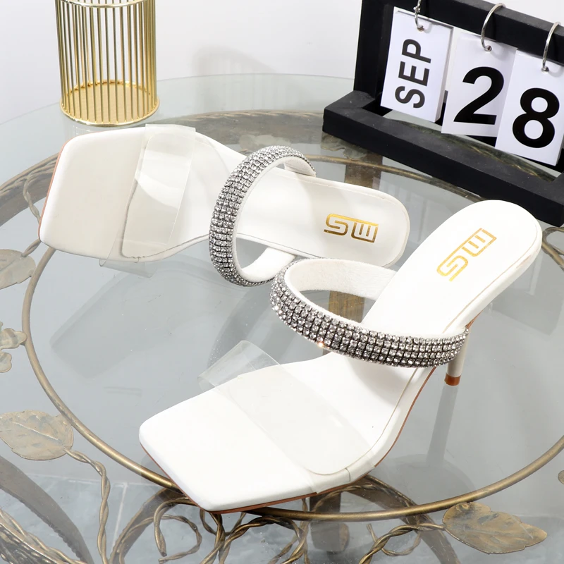 Rhinestone slippers 2022 foreign trade plus size women's shoes square transparent belt with stiletto heels outdoor sandals 10CM