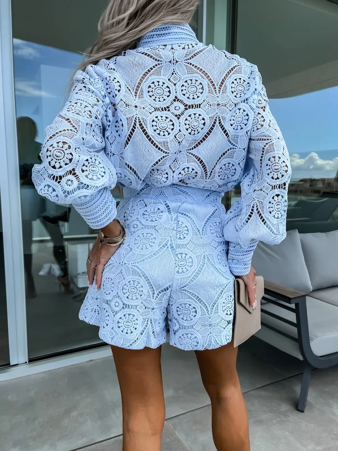 Pajama For Women Vintage Single Breasted White Lace Women Shorts Sets Long Sleeve Casual Party 2 Pcs Outfits Femme Suit Summer