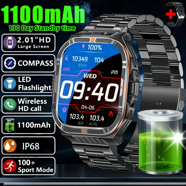 1100mAh Military Outdoor Smart Watch Men 2.01-inch Large Display Compass Sports Watch IP68 Waterproof Bluetooth Call Smartwatch