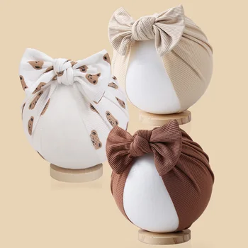 3Pcs/Lot Baby Boys Girls Flower Print Baby India Turban Hats Sweet Hair Bows Topknotted Caps Beanies Ins Bear Heart Headwraps 1