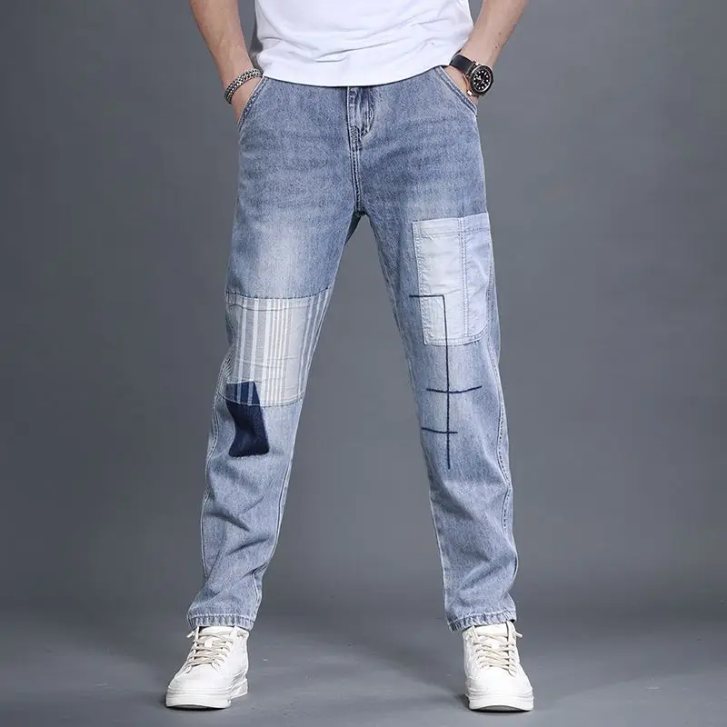 Fashion Summer New American Loose Light Color Trend Patchwork Straight Jeans Men's Solid Button Zipper Pockets Versatile Pants