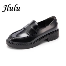 Zapatos de payaso negro para mujer, mocasines de diseñador de lujo sin cordones, de charol, con plataforma de bloque, tacones bajos, estilo Oxford, J33