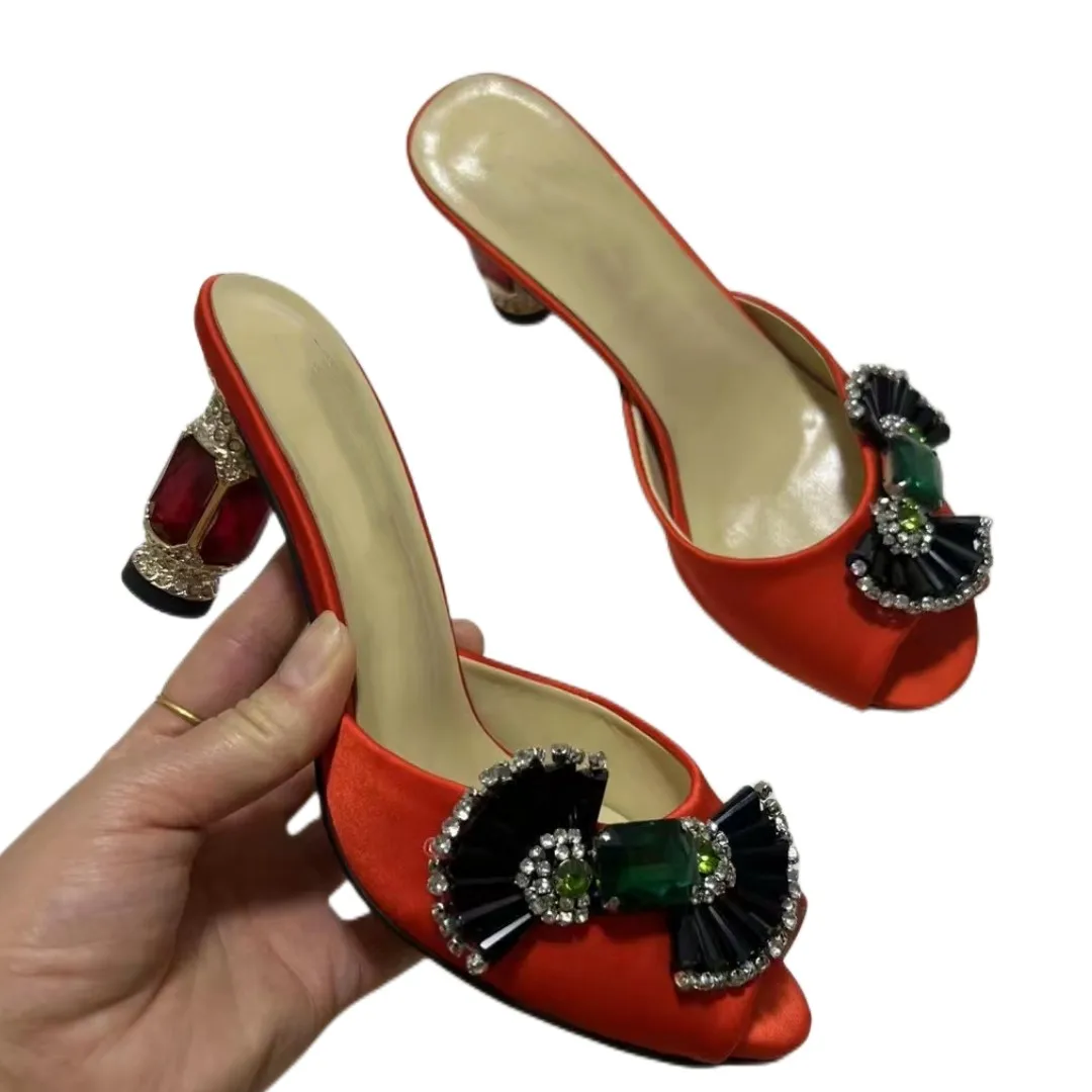 

New Colorful Crystal Flower Sandals Women Diamond Rhinestone Med Heel Slingbacks Luxury Satin Summer Shoes For Girls