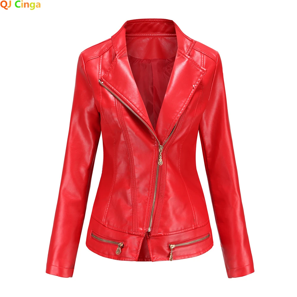 

Bright Red Lapel PU Jacket Women's Zippered Embellished Leather Jacket Women Fashion Casual Coat of Female Outerwear