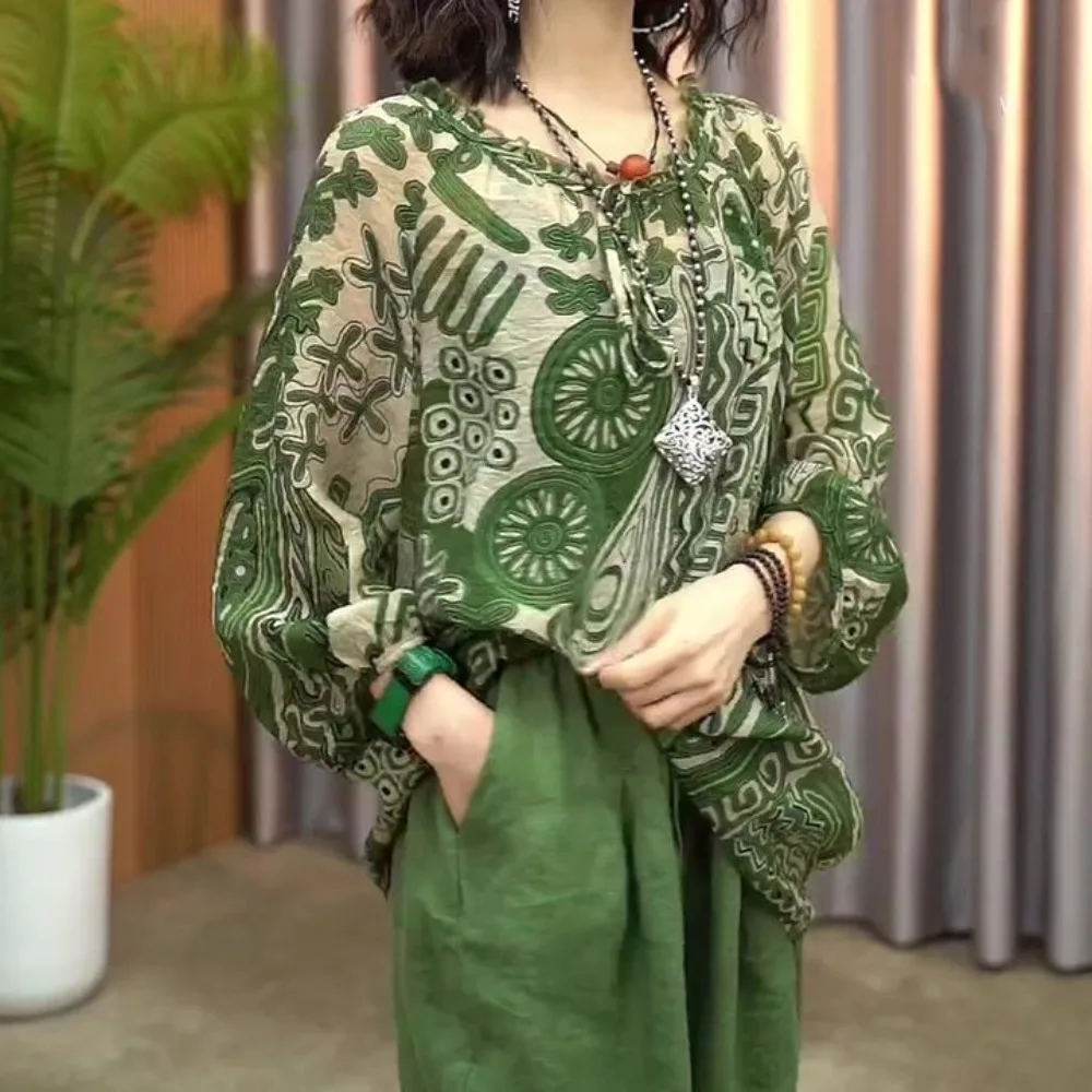 Simple Sunscreen Retro Loose T-shirt Flower Stripe Round Neck Long Sleeve T Shirt Thin Green Ethnic Style Tops Women