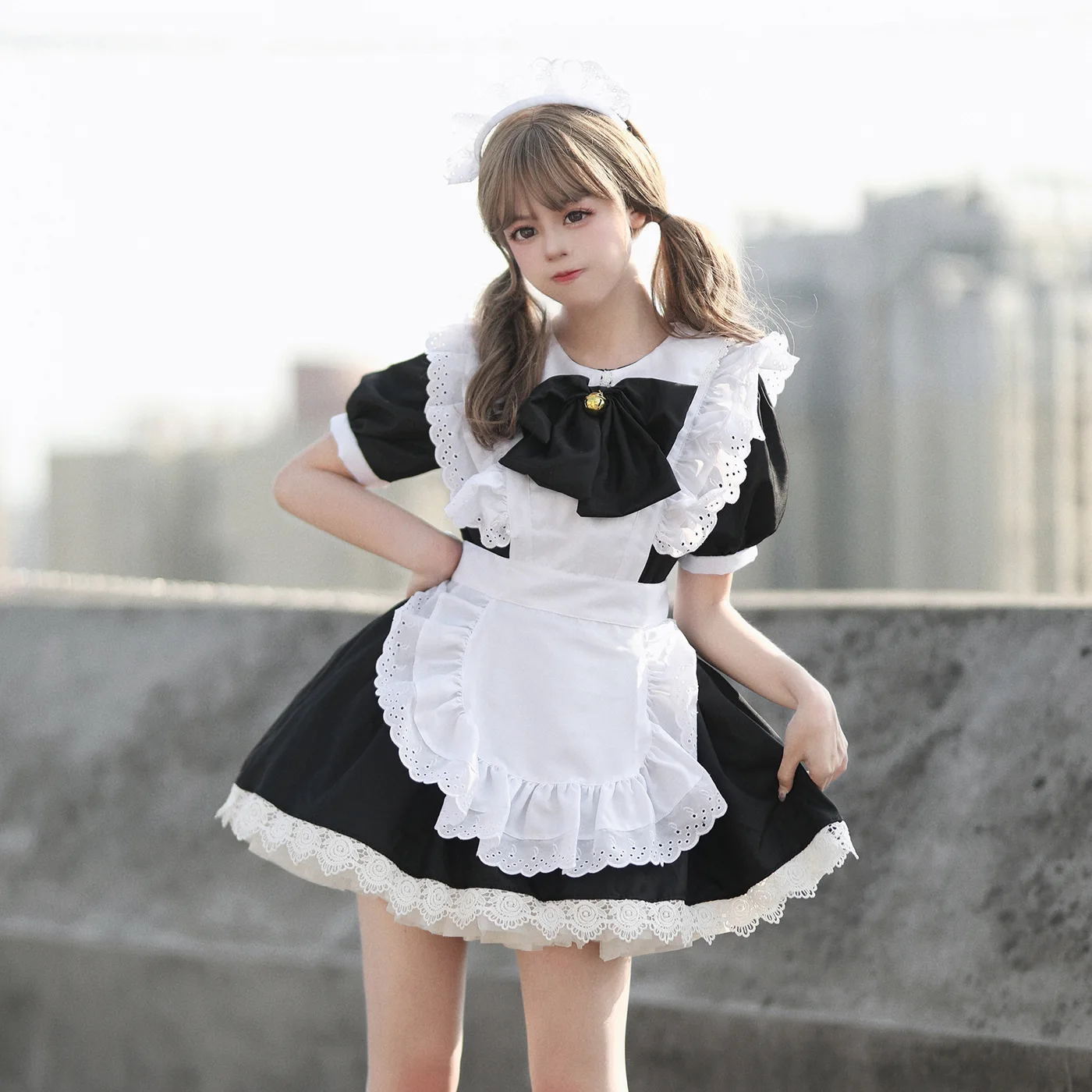 

Color Cosplayer Black White Lolita Dress Women Maid Apron Dress Bow Tie Cafe Cosplay Costume Anime Halloween Servant Outfit