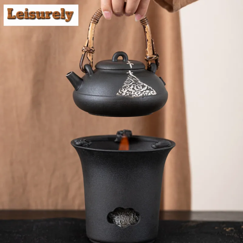 Japanese Crude Pottery Handmade Alum Black Teapot Warmer Ceramic Retro Tea Stove Candle Holder Kettle Holder Tea Stove Tea Set