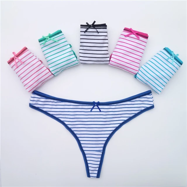 Women Sexy Lace G-Strings Cotton Thongs Bikini Panties Ladies Underpants  Briefs Set Stripe Underwear Lingerie