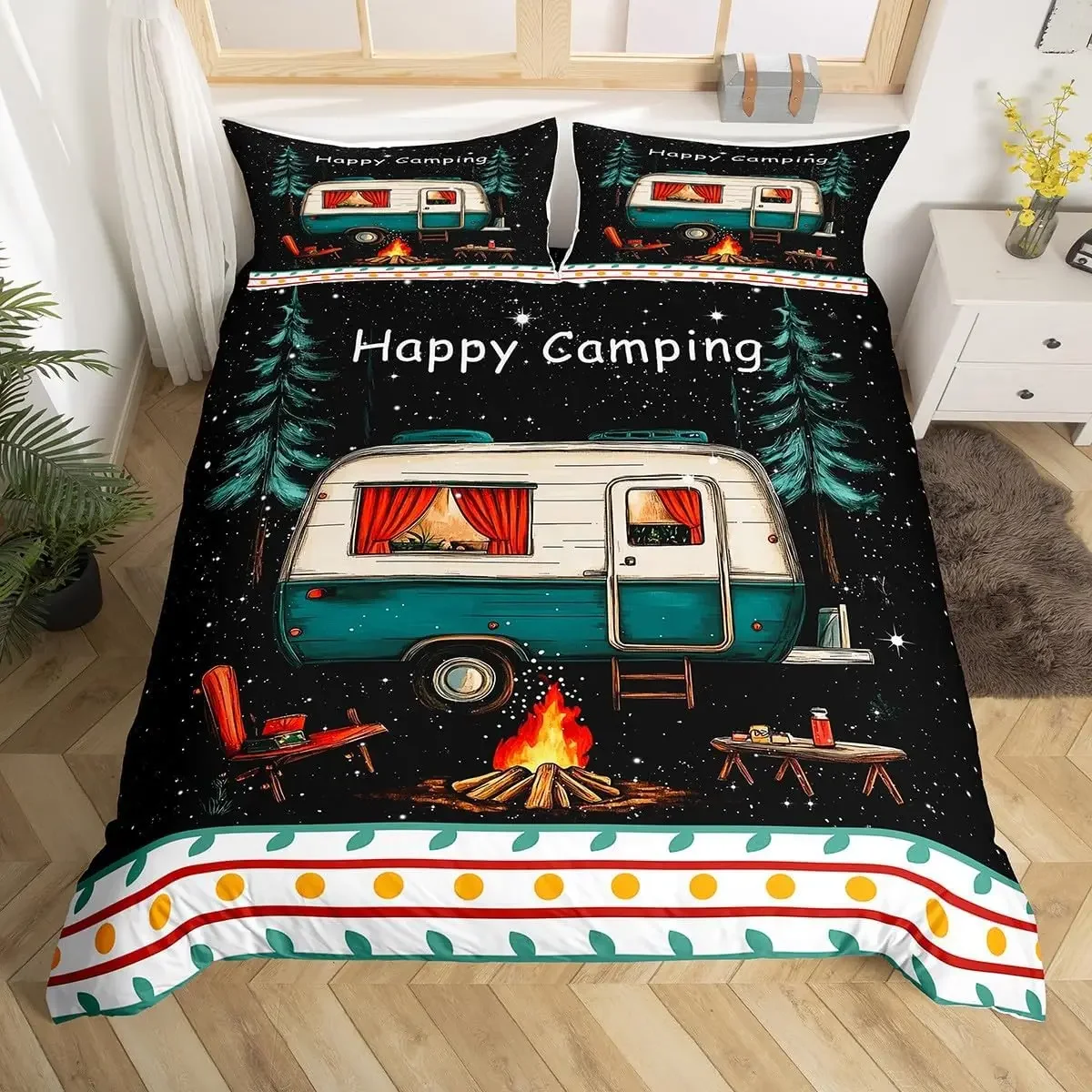 Camping Duvet Cover Set Full King Size Cartoon RV Camping Car Bedding Set Camper Accessories for Travel Trailers Comforter Cover