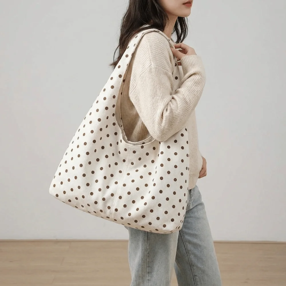 Borsa a Tracolla in Tela Casual e Spaziosa, Grande Capacità, Comoda Borsa Tote a Pois, Stile Coreano, Resistente Borsa Hobo da Viaggio - immagine 4