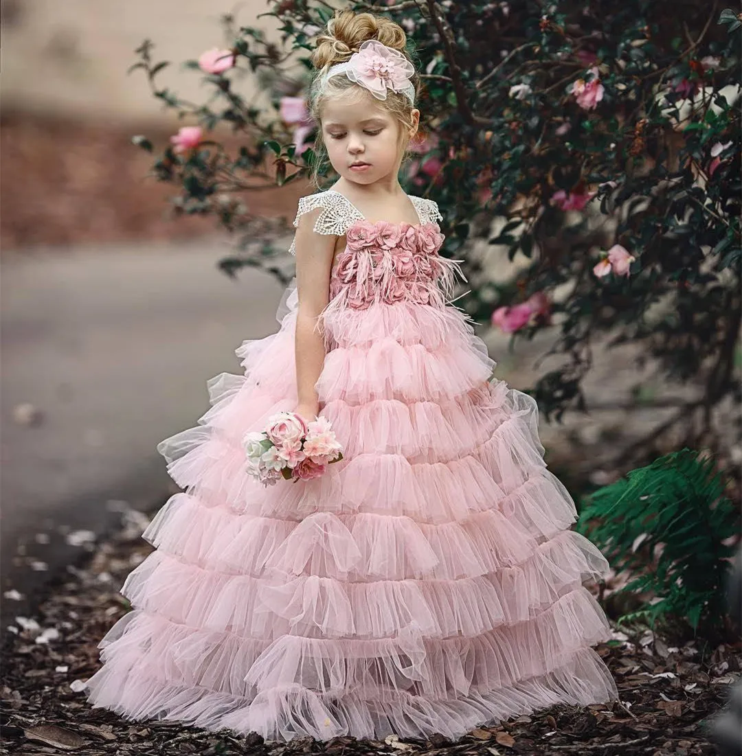 

Elegance Off The Shoulder Fluffy Flower Girl Dresses For Wedding Appliqued Ruffles Toddler Pageant Dress Kids Birthday Ball