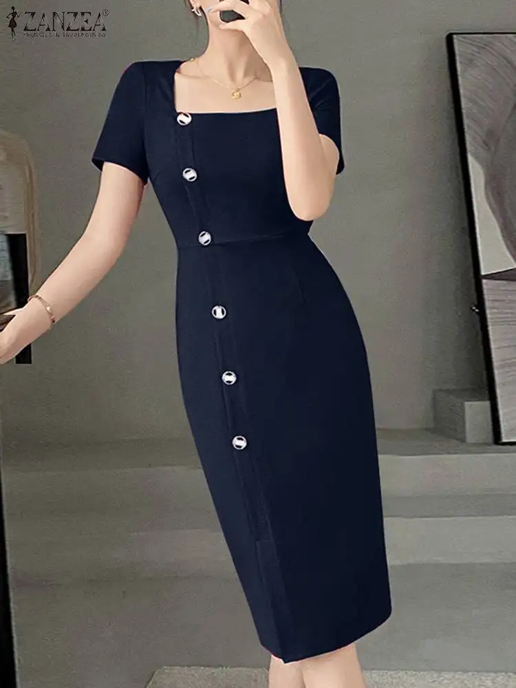 

ZANZEA Elegant Women Dress Bodycon Summer Vestidos Square Neck Fashion Robes Short Sleeve Solid Office Lady Knee-length Dress