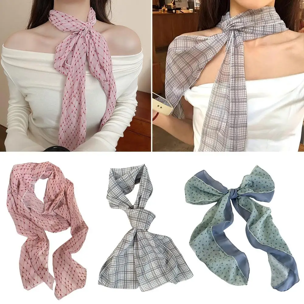 Plaid Long Silk Thin Scarves Neck Strap Neckerchief Travel Photo